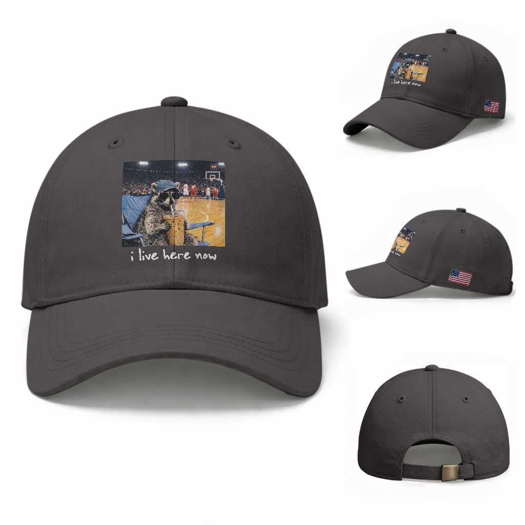 Basketball Raccoon I Live Here Now Baseball Cap Funny Trash Panda Drinking Iced Coffee Basketball Court TS11 Baseball Cap Universal Fit Dark Gray Print Your Wear