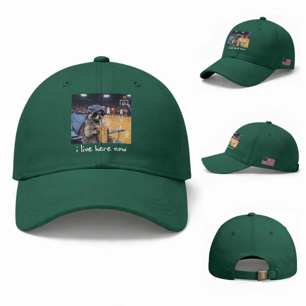 Basketball Raccoon I Live Here Now Baseball Cap Funny Trash Panda Drinking Iced Coffee Basketball Court TS11 Baseball Cap Universal Fit Irish Green Print Your Wear