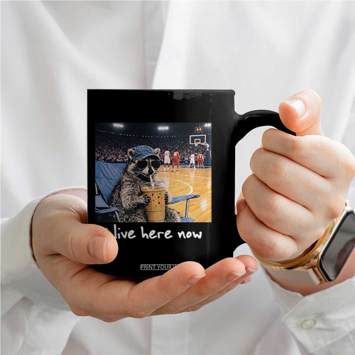 Basketball Raccoon I Live Here Now Coffee Mug Funny Trash Panda Drinking Iced Coffee Basketball Court TS11 Print Your Wear
