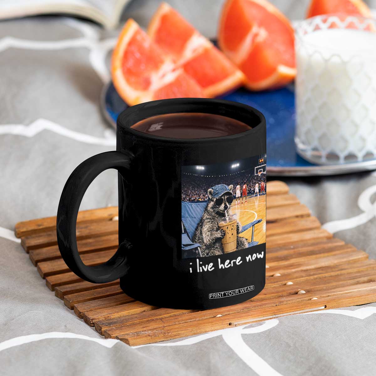 Basketball Raccoon I Live Here Now Coffee Mug Funny Trash Panda Drinking Iced Coffee Basketball Court TS11 Print Your Wear