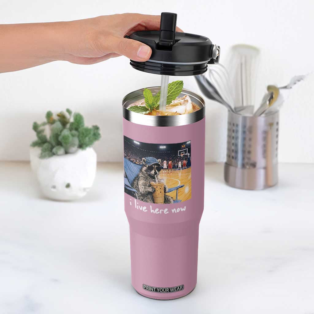 Basketball Raccoon I Live Here Now Flip Straw Tumbler Funny Trash Panda Drinking Iced Coffee Basketball Court TS11 One Size: 30 oz Light Pink Print Your Wear