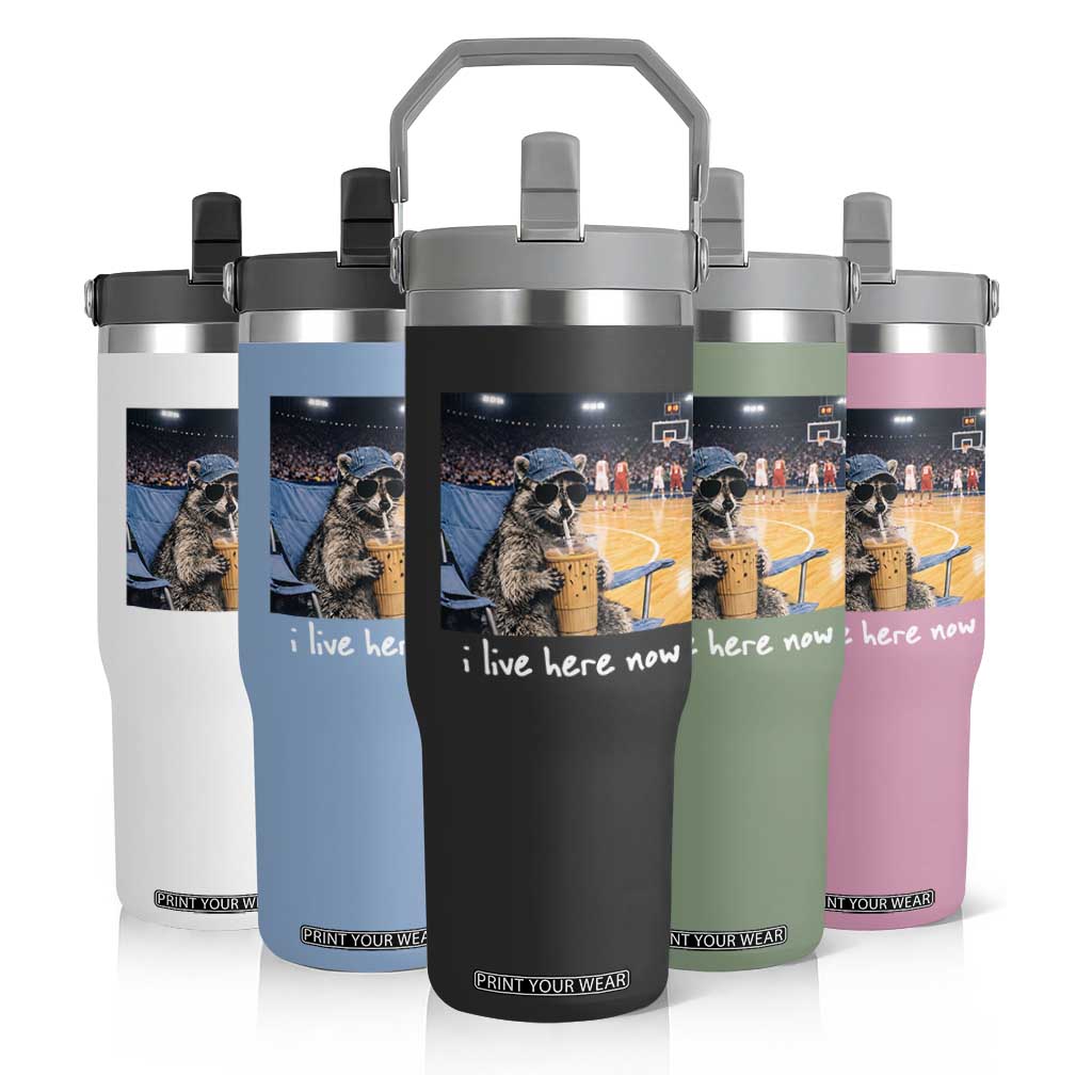 Basketball Raccoon I Live Here Now Flip Straw Tumbler Funny Trash Panda Drinking Iced Coffee Basketball Court TS11 Print Your Wear
