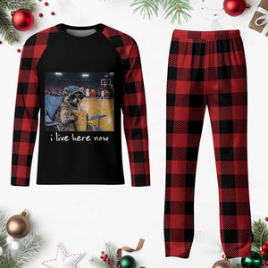 Basketball Raccoon I Live Here Now Plaid Pajama Set Funny Trash Panda Drinking Iced Coffee Basketball Court TS11 Buffalo Plaid Print Your Wear