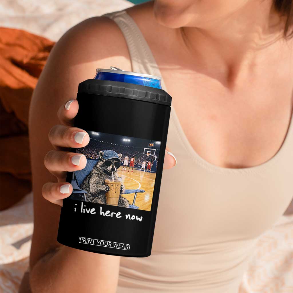 Basketball Raccoon I Live Here Now 4 in 1 Can Cooler Tumbler Funny Trash Panda Drinking Iced Coffee Basketball Court TS11 Print Your Wear