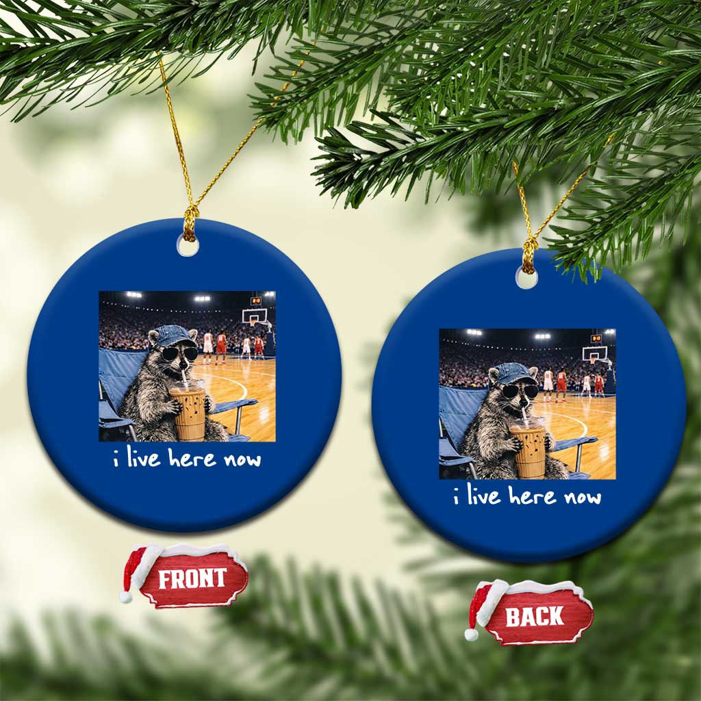 Basketball Raccoon I Live Here Now Ceramic Ornament Funny Trash Panda Drinking Iced Coffee Basketball Court TS11 1pc Blue Print Your Wear
