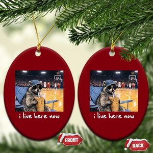Basketball Raccoon I Live Here Now Ceramic Ornament Funny Trash Panda Drinking Iced Coffee Basketball Court TS11 Print Your Wear