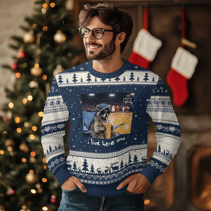 Basketball Raccoon I Live Here Now Ugly Christmas Sweater Funny Trash Panda Drinking Iced Coffee Basketball Court TS11 Navy Beige Print Your Wear
