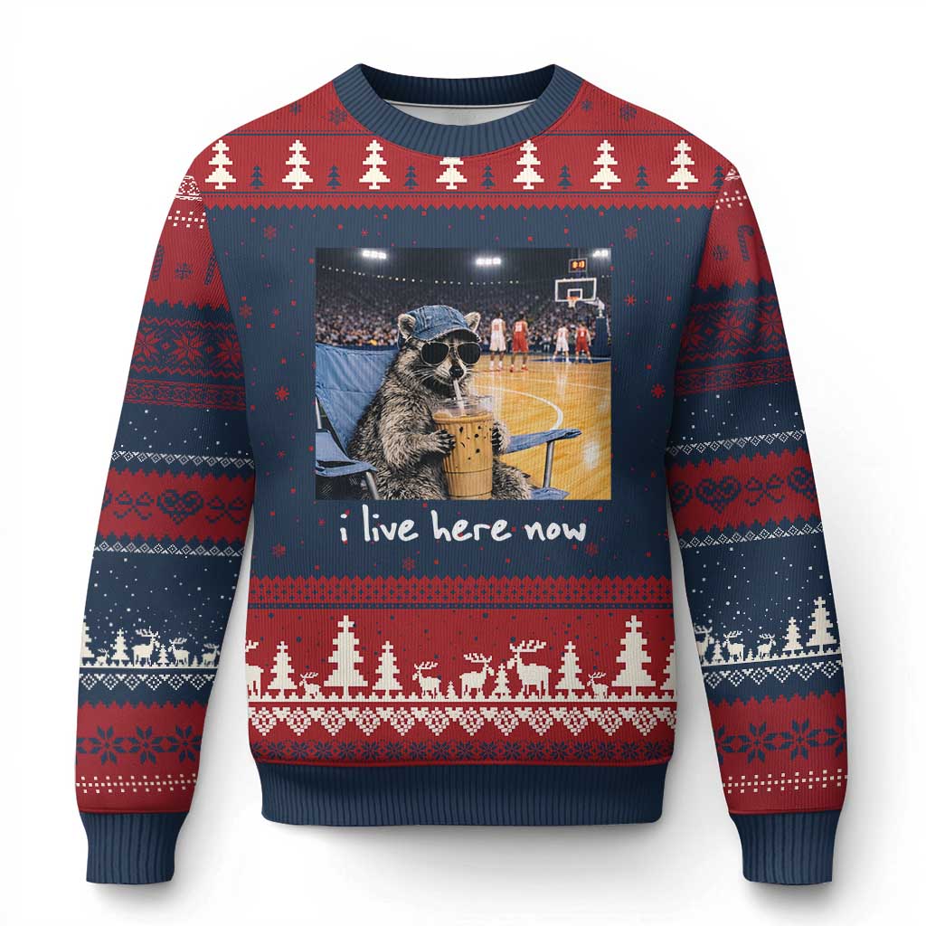 Basketball Raccoon I Live Here Now Ugly Christmas Sweater Funny Trash Panda Drinking Iced Coffee Basketball Court TS11 Navy Red Print Your Wear
