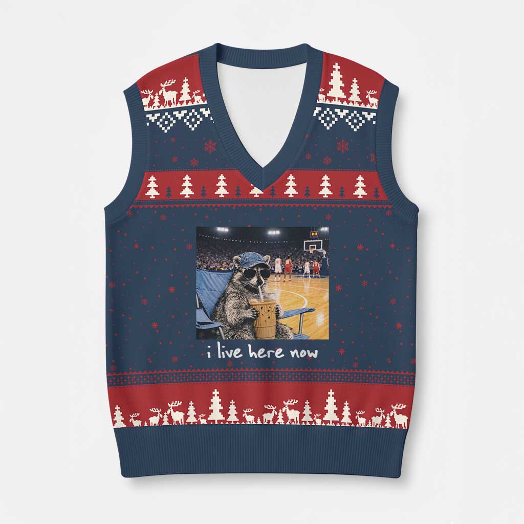 Basketball Raccoon I Live Here Now V-Neck Knit Sweater Vest Funny Trash Panda Drinking Iced Coffee Basketball Court TS11 Navy Red Print Your Wear