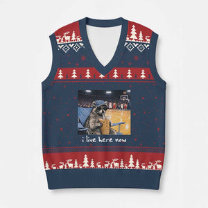 Basketball Raccoon I Live Here Now V-Neck Knit Sweater Vest Funny Trash Panda Drinking Iced Coffee Basketball Court TS11 Navy Red Print Your Wear