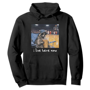 Basketball Raccoon I Live Here Now Hoodie Funny Trash Panda Drinking Iced Coffee Basketball Court TS11 Black Print Your Wear
