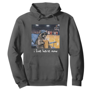 Basketball Raccoon I Live Here Now Hoodie Funny Trash Panda Drinking Iced Coffee Basketball Court TS11 Dark Heather Print Your Wear
