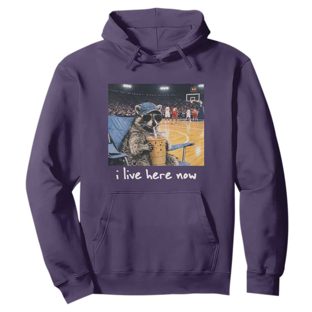Basketball Raccoon I Live Here Now Hoodie Funny Trash Panda Drinking Iced Coffee Basketball Court TS11 Purple Print Your Wear