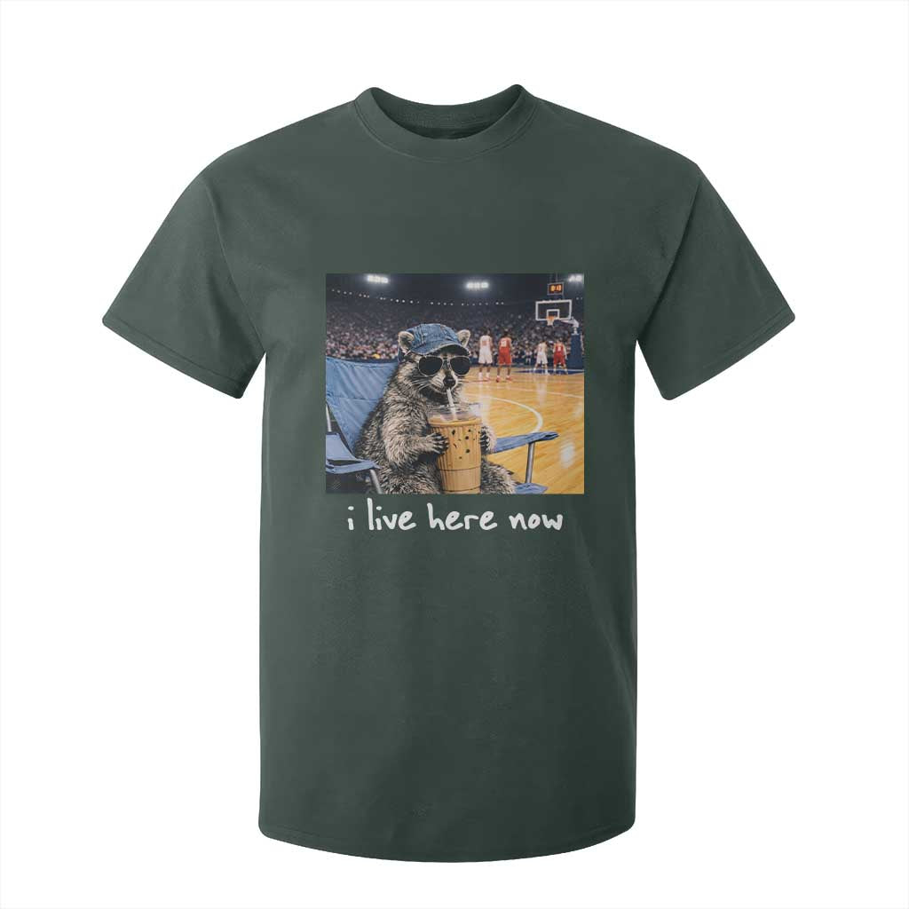 Basketball Raccoon I Live Here Now T Shirt For Kid Funny Trash Panda Drinking Iced Coffee Basketball Court TS11 Dark Forest Green Print Your Wear