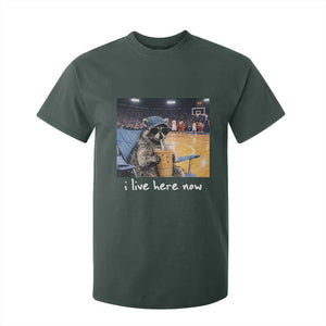 Basketball Raccoon I Live Here Now T Shirt For Kid Funny Trash Panda Drinking Iced Coffee Basketball Court TS11 Dark Forest Green Print Your Wear
