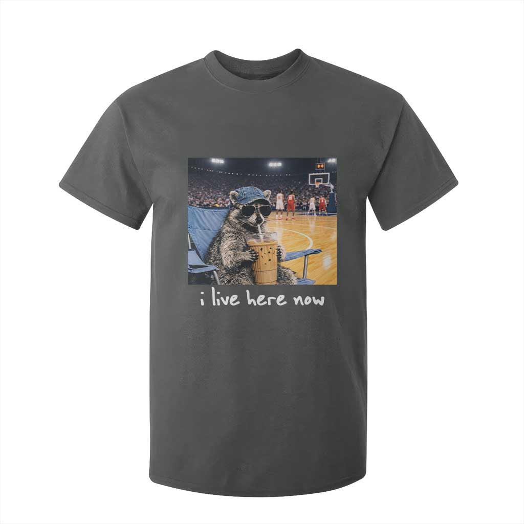 Basketball Raccoon I Live Here Now T Shirt For Kid Funny Trash Panda Drinking Iced Coffee Basketball Court TS11 Dark Heather Print Your Wear