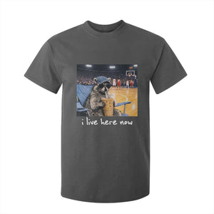 Basketball Raccoon I Live Here Now T Shirt For Kid Funny Trash Panda Drinking Iced Coffee Basketball Court TS11 Dark Heather Print Your Wear