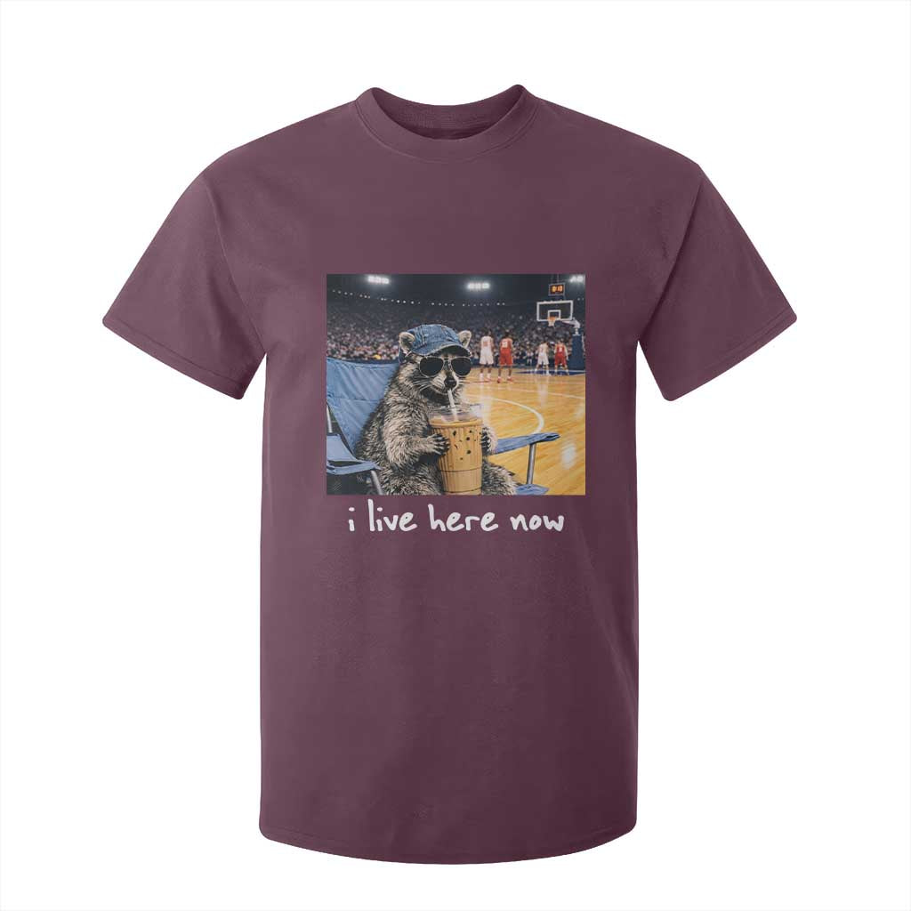 Basketball Raccoon I Live Here Now T Shirt For Kid Funny Trash Panda Drinking Iced Coffee Basketball Court TS11 Maroon Print Your Wear