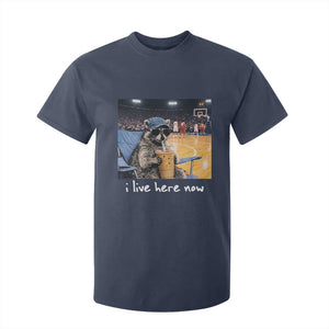 Basketball Raccoon I Live Here Now T Shirt For Kid Funny Trash Panda Drinking Iced Coffee Basketball Court TS11 Navy Print Your Wear