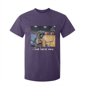 Basketball Raccoon I Live Here Now T Shirt For Kid Funny Trash Panda Drinking Iced Coffee Basketball Court TS11 Purple Print Your Wear