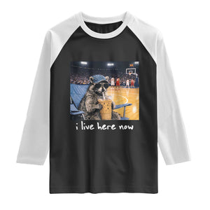 Basketball Raccoon I Live Here Now Raglan Shirt Funny Trash Panda Drinking Iced Coffee Basketball Court TS11 Black White Print Your Wear