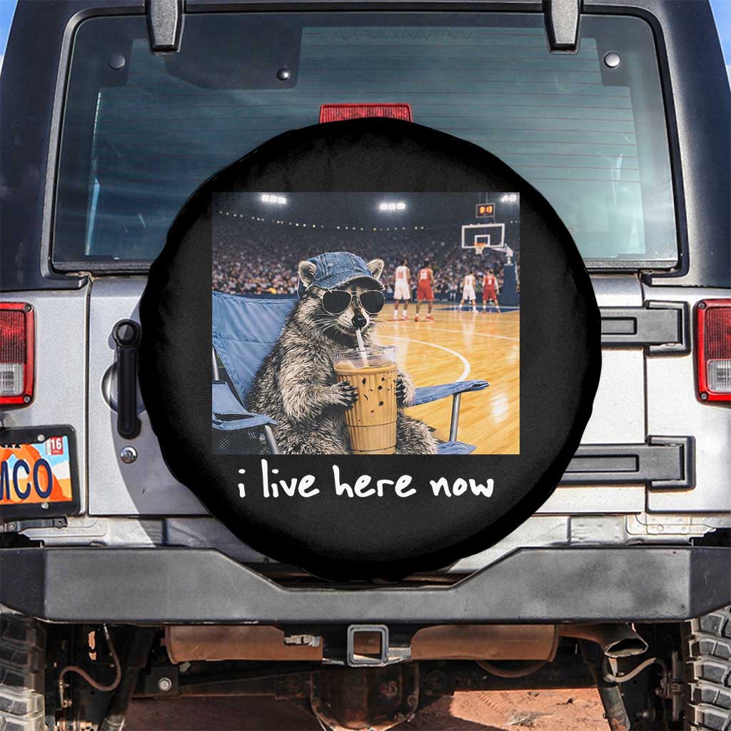 Basketball Raccoon I Live Here Now Spare Tire Cover Funny Trash Panda Drinking Iced Coffee Basketball Court TS11 No hole Black Print Your Wear