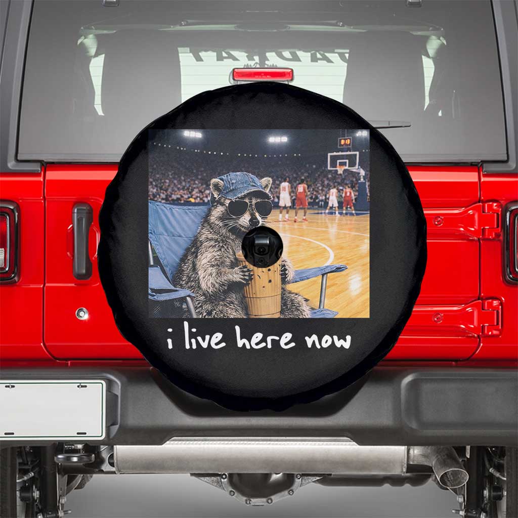 Basketball Raccoon I Live Here Now Spare Tire Cover Funny Trash Panda Drinking Iced Coffee Basketball Court TS11 Black Print Your Wear