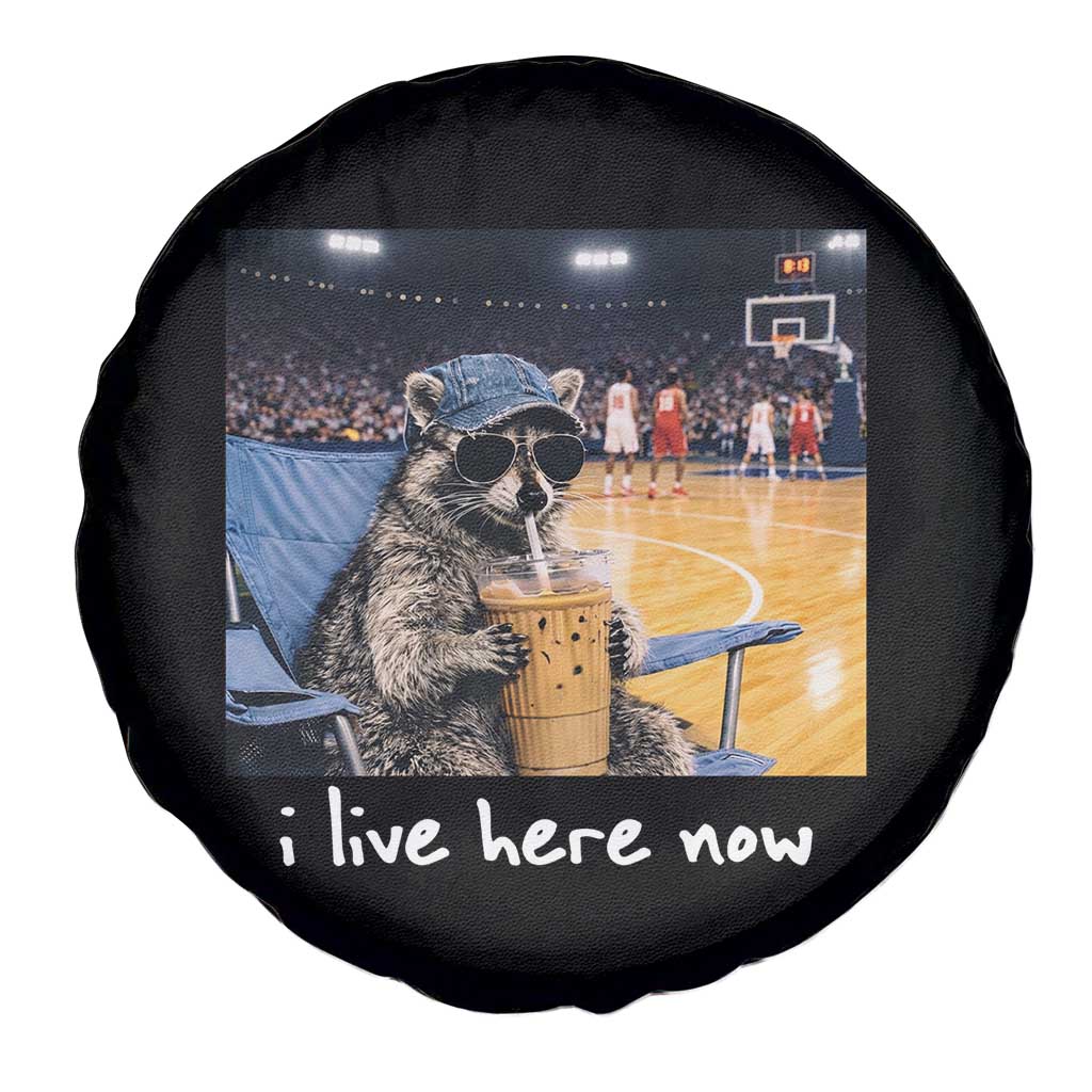 Basketball Raccoon I Live Here Now Spare Tire Cover Funny Trash Panda Drinking Iced Coffee Basketball Court TS11 Print Your Wear