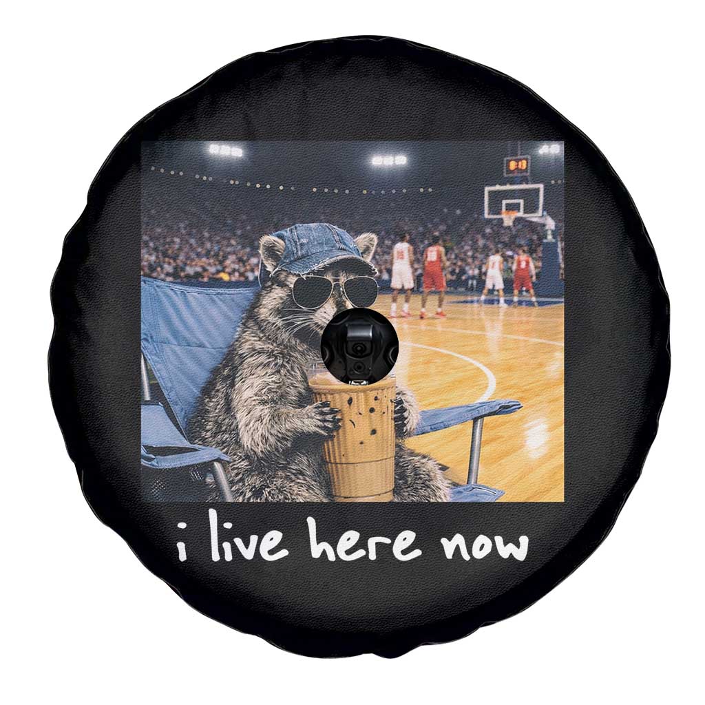 Basketball Raccoon I Live Here Now Spare Tire Cover Funny Trash Panda Drinking Iced Coffee Basketball Court TS11 Print Your Wear