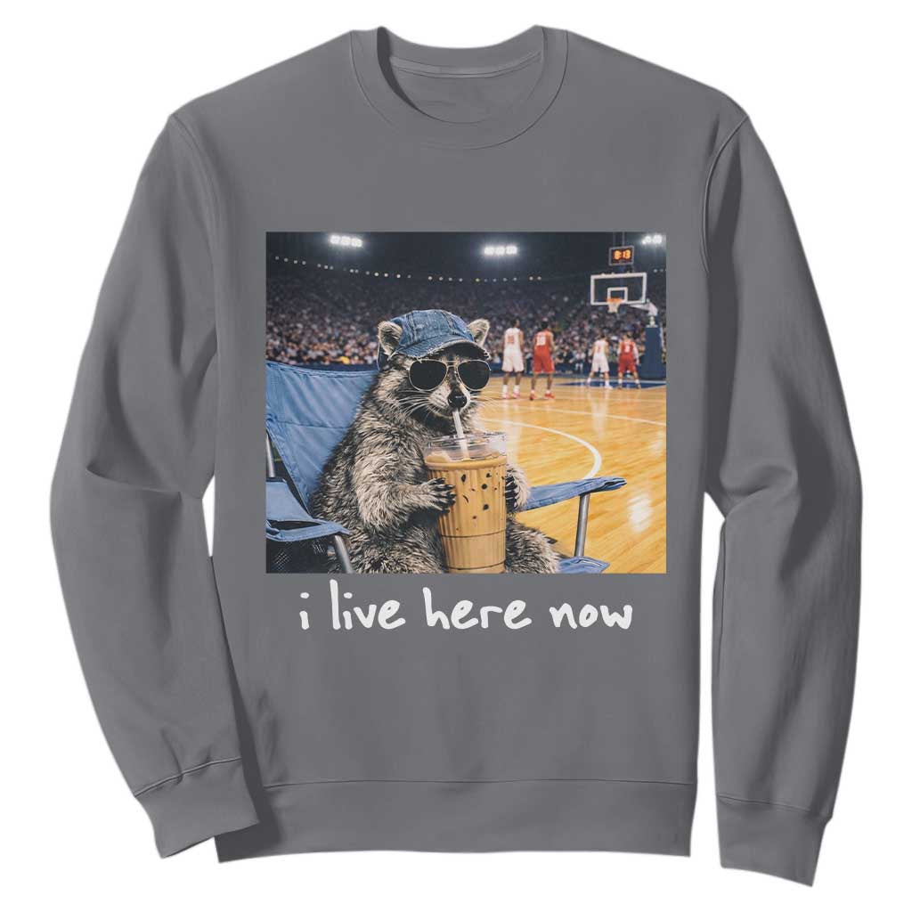 Basketball Raccoon I Live Here Now Sweatshirt Funny Trash Panda Drinking Iced Coffee Basketball Court TS11 Charcoal Print Your Wear