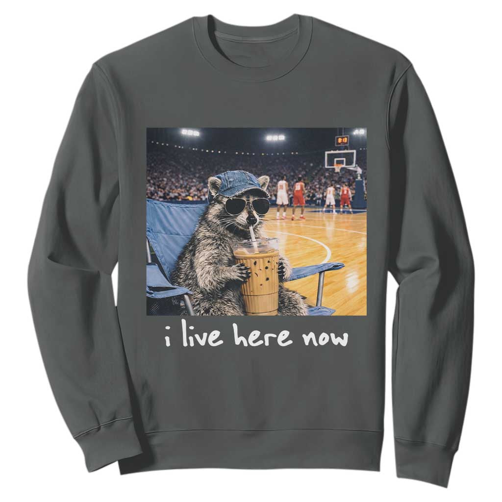 Basketball Raccoon I Live Here Now Sweatshirt Funny Trash Panda Drinking Iced Coffee Basketball Court TS11 Dark Heather Print Your Wear