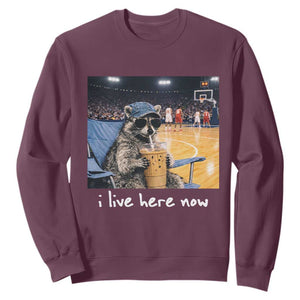 Basketball Raccoon I Live Here Now Sweatshirt Funny Trash Panda Drinking Iced Coffee Basketball Court TS11 Maroon Print Your Wear