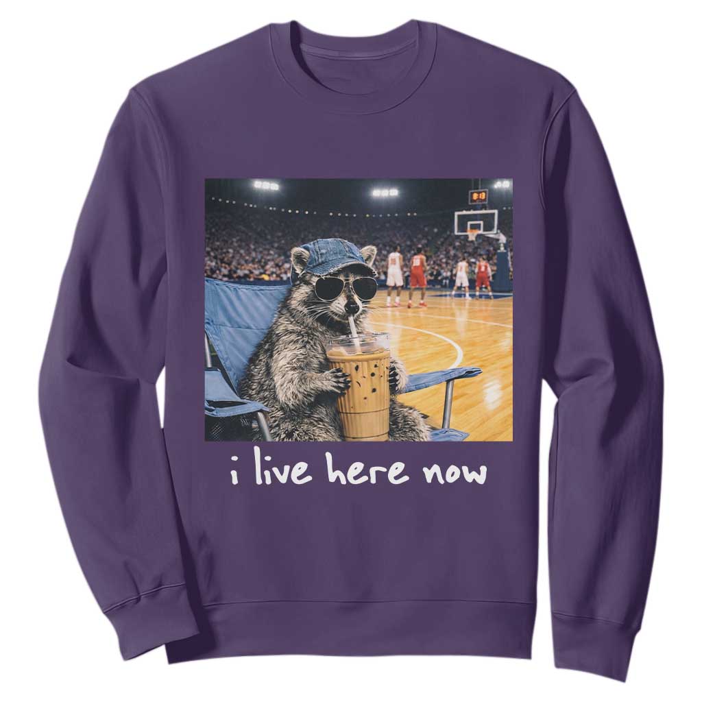 Basketball Raccoon I Live Here Now Sweatshirt Funny Trash Panda Drinking Iced Coffee Basketball Court TS11 Purple Print Your Wear