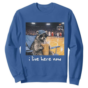 Basketball Raccoon I Live Here Now Sweatshirt Funny Trash Panda Drinking Iced Coffee Basketball Court TS11 Royal Blue Print Your Wear
