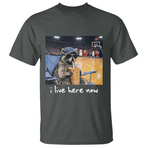 Basketball Raccoon I Live Here Now T Shirt Funny Trash Panda Drinking Iced Coffee Basketball Court TS11 Dark Heather Print Your Wear
