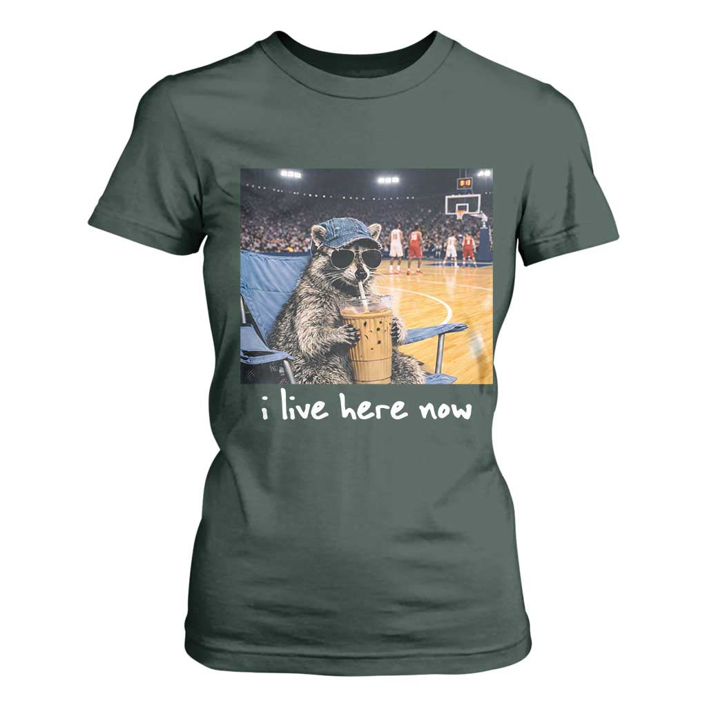 Basketball Raccoon I Live Here Now T Shirt For Women Funny Trash Panda Drinking Iced Coffee Basketball Court TS11 Dark Forest Green Print Your Wear