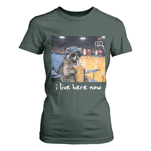 Basketball Raccoon I Live Here Now T Shirt For Women Funny Trash Panda Drinking Iced Coffee Basketball Court TS11 Dark Forest Green Print Your Wear