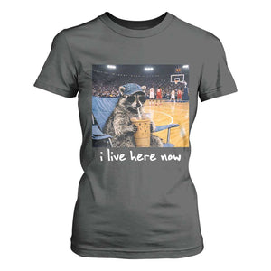 Basketball Raccoon I Live Here Now T Shirt For Women Funny Trash Panda Drinking Iced Coffee Basketball Court TS11 Dark Heather Print Your Wear