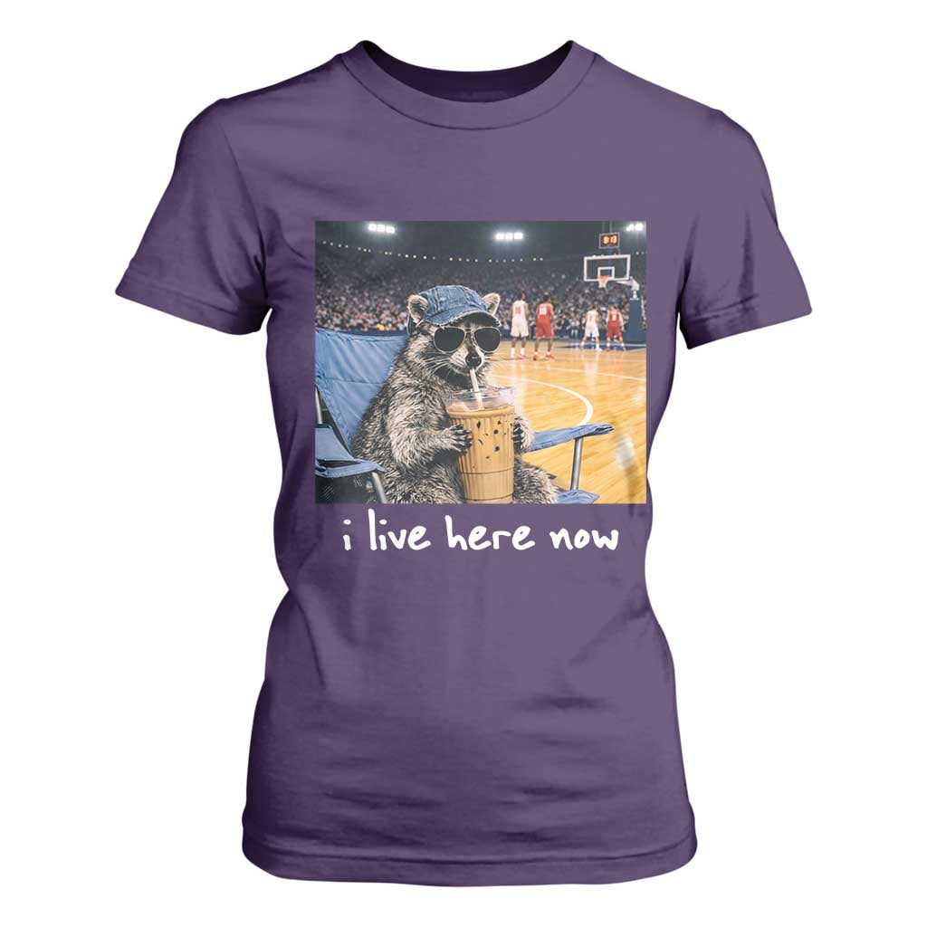 Basketball Raccoon I Live Here Now T Shirt For Women Funny Trash Panda Drinking Iced Coffee Basketball Court TS11 Purple Print Your Wear