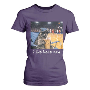Basketball Raccoon I Live Here Now T Shirt For Women Funny Trash Panda Drinking Iced Coffee Basketball Court TS11 Purple Print Your Wear
