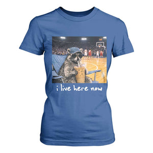 Basketball Raccoon I Live Here Now T Shirt For Women Funny Trash Panda Drinking Iced Coffee Basketball Court TS11 Royal Blue Print Your Wear