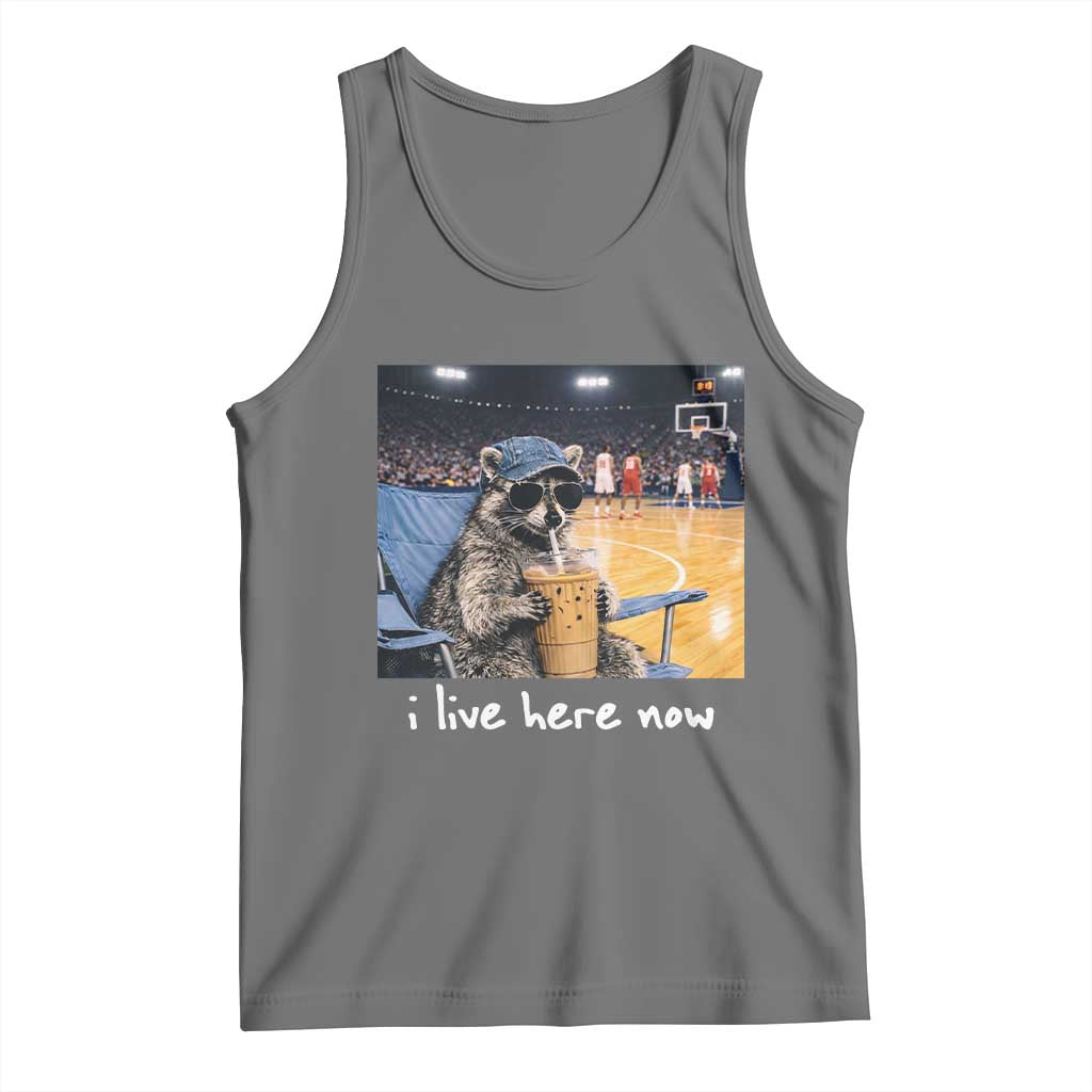 Basketball Raccoon I Live Here Now Tank Top Funny Trash Panda Drinking Iced Coffee Basketball Court TS11 Black Heather Print Your Wear