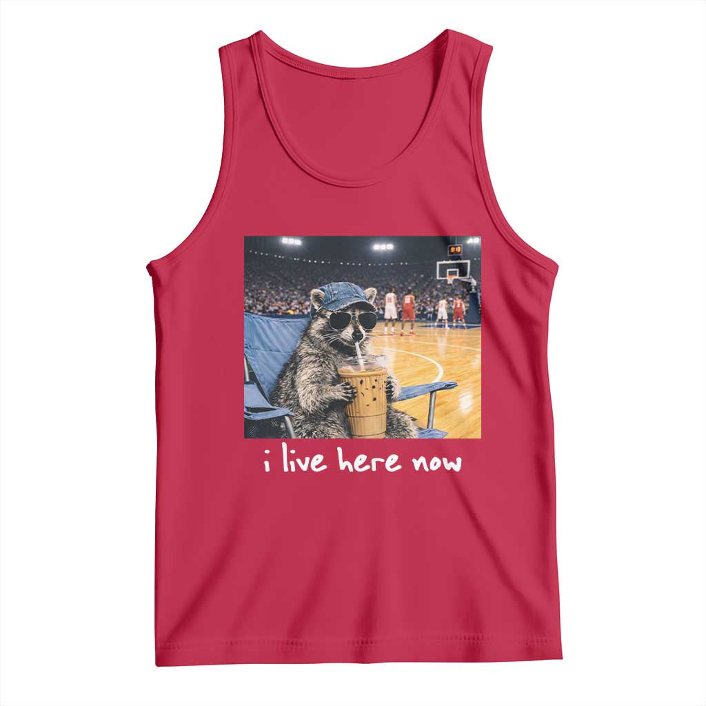 Basketball Raccoon I Live Here Now Tank Top Funny Trash Panda Drinking Iced Coffee Basketball Court TS11 Red Print Your Wear
