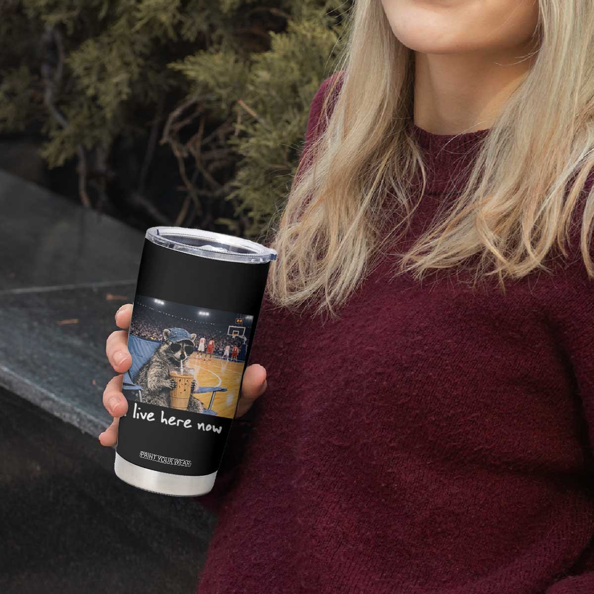 Basketball Raccoon I Live Here Now Tumbler Cup Funny Trash Panda Drinking Iced Coffee Basketball Court TS11 Print Your Wear