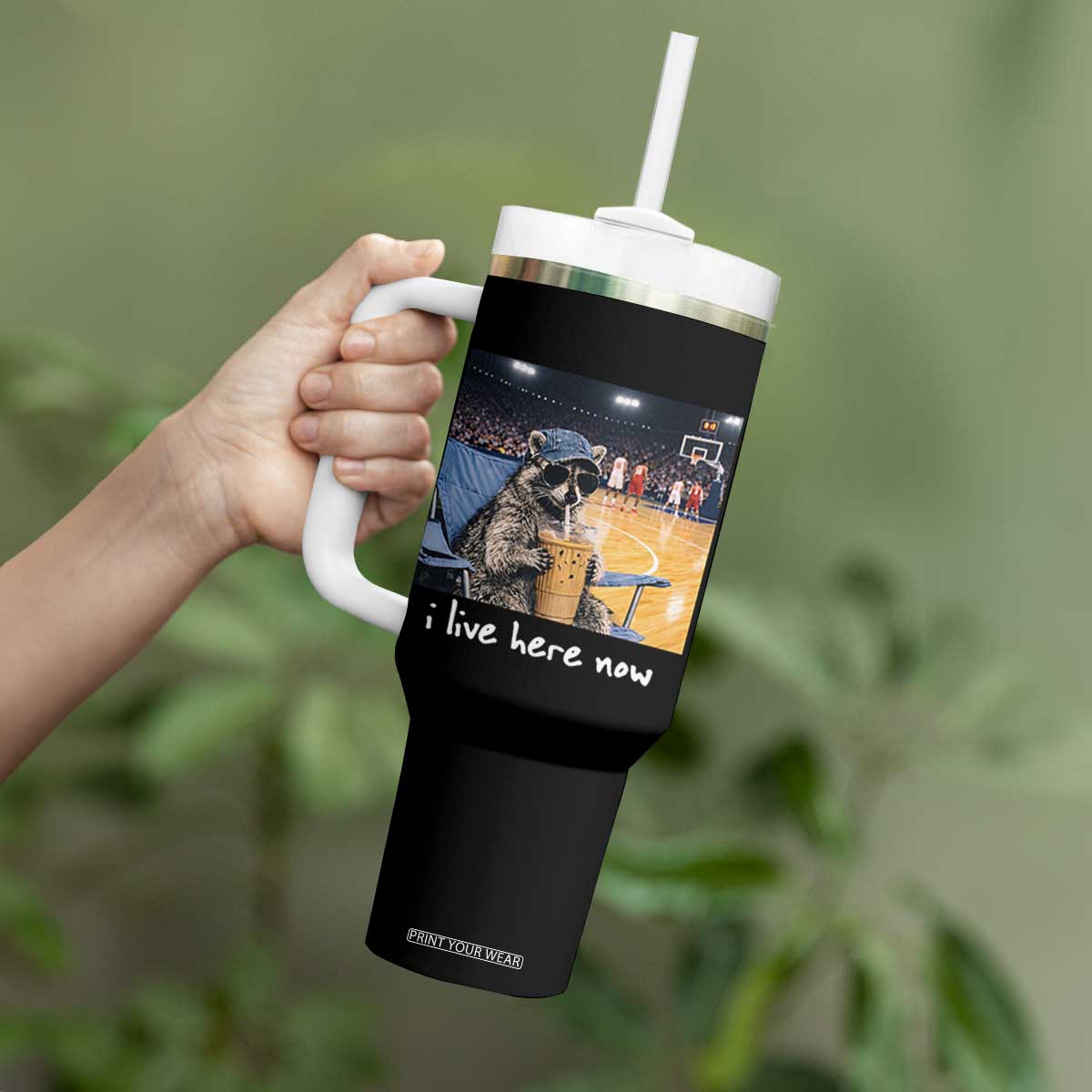 Basketball Raccoon I Live Here Now Tumbler With Handle Funny Trash Panda Drinking Iced Coffee Basketball Court TS11 Print Your Wear
