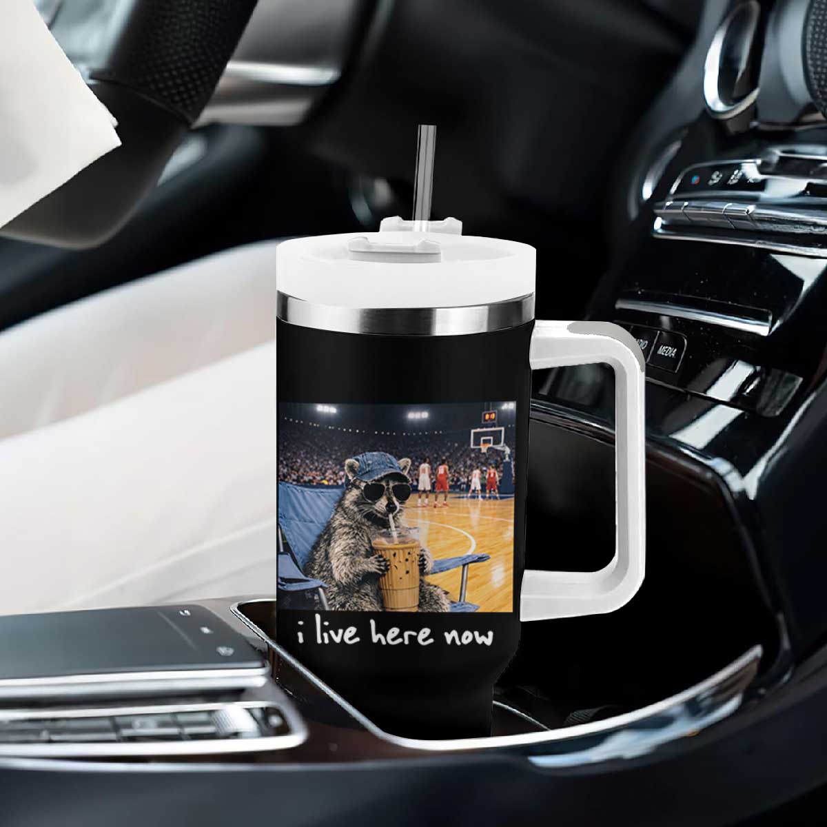 Basketball Raccoon I Live Here Now Tumbler With Handle Funny Trash Panda Drinking Iced Coffee Basketball Court TS11 Print Your Wear