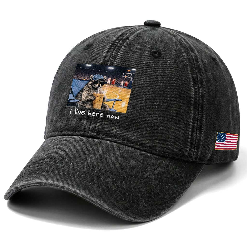 Basketball Raccoon I Live Here Now Washed Cotton Baseball Cap Funny Trash Panda Drinking Iced Coffee Basketball Court TS11 Print Your Wear