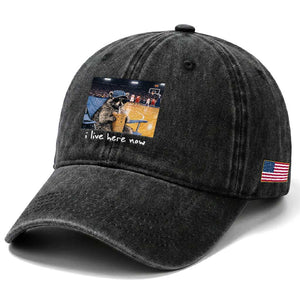 Basketball Raccoon I Live Here Now Washed Cotton Baseball Cap Funny Trash Panda Drinking Iced Coffee Basketball Court TS11 Print Your Wear