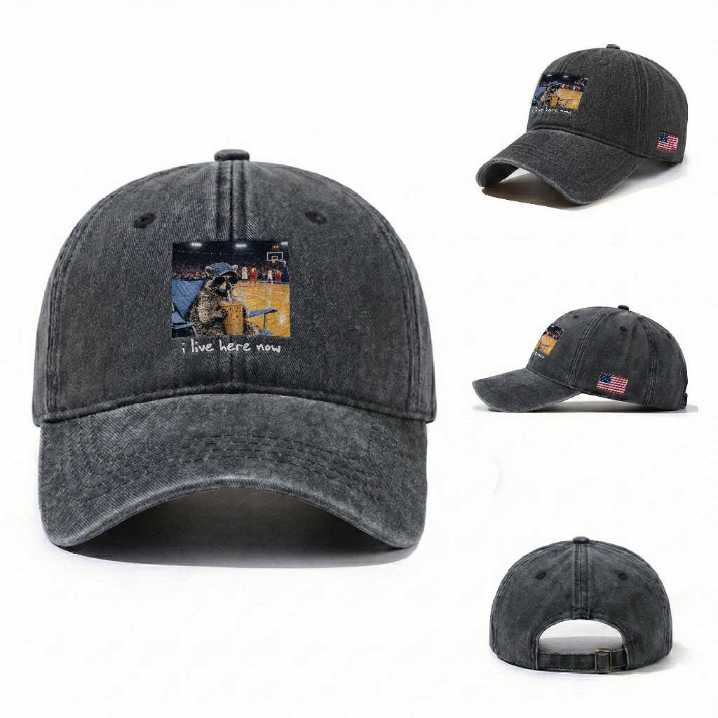 Basketball Raccoon I Live Here Now Washed Cotton Baseball Cap Funny Trash Panda Drinking Iced Coffee Basketball Court TS11 Washed Cap Universal Fit Dark Gray Print Your Wear