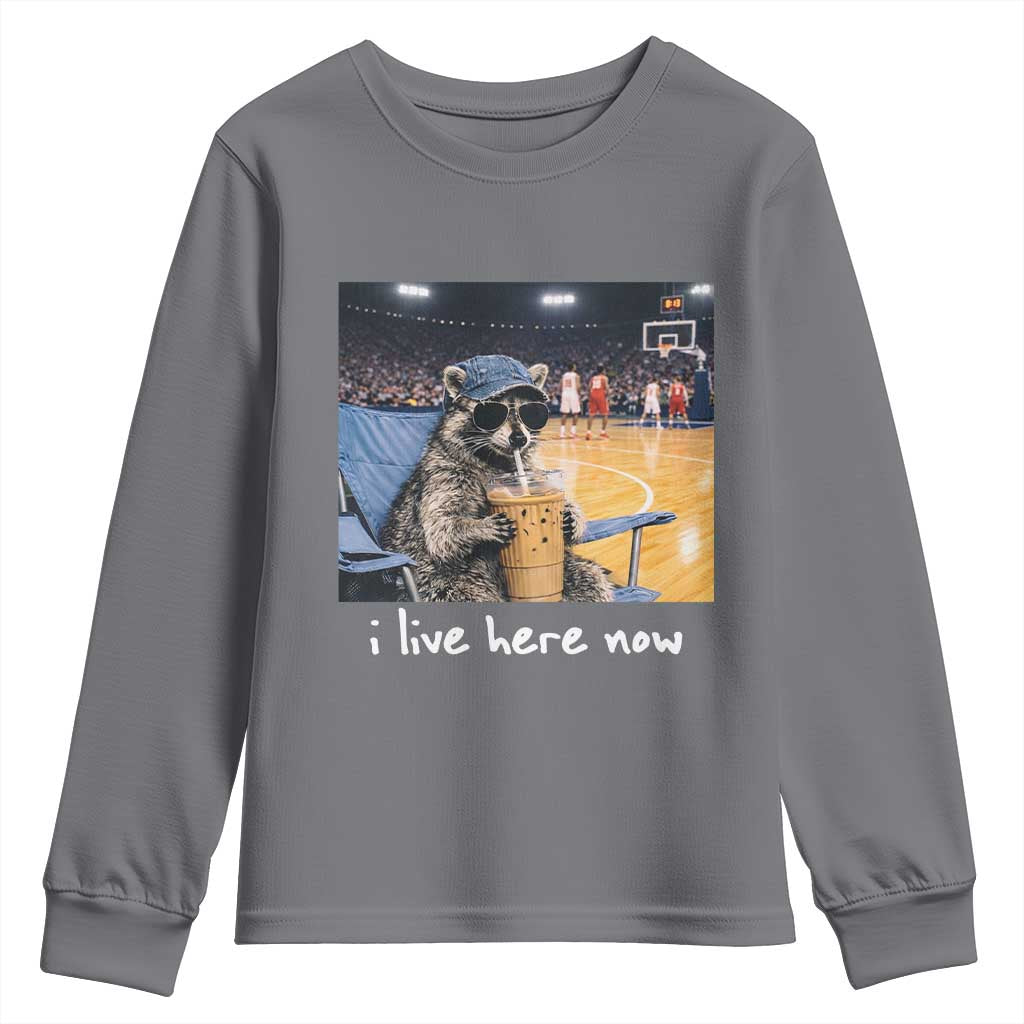 Basketball Raccoon I Live Here Now Youth Sweatshirt Funny Trash Panda Drinking Iced Coffee Basketball Court TS11 Charcoal Print Your Wear